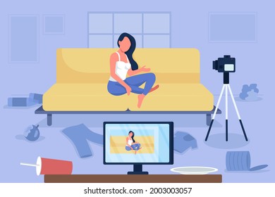 Woman in messy room flat color vector illustration. Disorder in home. Unhealthy lifestyle. Girl recording video on camera 2D cartoon character with dirty clothing on floor on background