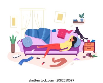 Woman messy room. Lazy unmotivated girl in dirty home apartment, untidy depressed female lying at mess couch, rest apathetic cartoon character with sad cat, vector illustration. Home procrastination