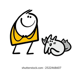 Woman met a family of cats on the street. Vector illustration a funny stickman looks with affection at a cat and small kittens. Pet gave birth to offspring. Newborn babies.