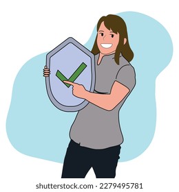 Woman with metal shield demonstrates that is protected from viruses. girl points finger at checkmark symbolizing web security using social networks and Internet applications. Flat vector image.