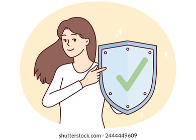 Woman with metal shield demonstrates that is protected from viruses. girl points finger at checkmark symbolizing web security using social networks and Internet applications. Flat vector image