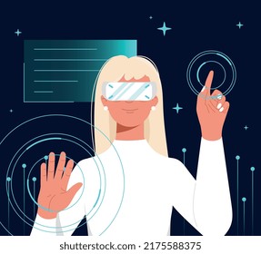 Woman in metaverse. Blond girl in virtual reality glasses sees herself in space and cyberspace. Metaphor of innovation, modern gadgets and devices. Games in vr. Cartoon flat vector illustration