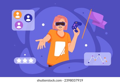 Woman with metaverse concept. Young girl in virtual reality glasses with joystick. Modern technologies and innovations, metaverse. Vr entertainment games. Cartoon flat vector illustration