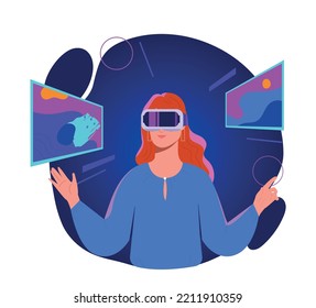 Mujer en metaverso. Muchacha con vr y gafas mira a los monitores de computadora, realidad aumentada y virtual. Innovaciones, aparatos y dispositivos, tecnologías modernas. Dibujo vectorial plano de dibujos animados