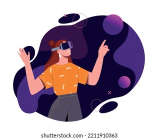 Woman in metaverse. Young girl in VR glasses looks at her surroundings. Modern technologies and digital world. Innovation, gadgets and devices, virtual reality. Cartoon flat vector illustration