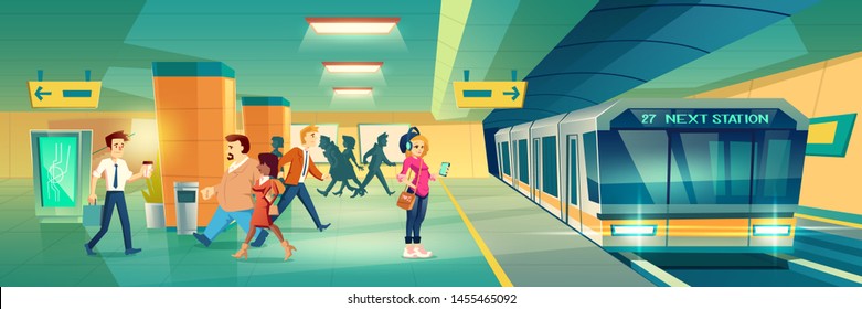 Woman at metro station. Relaxed girl listen music in headset going to subway entrance, stand on tube platform, city metropolitan underground view with train. Cartoon vector illustration