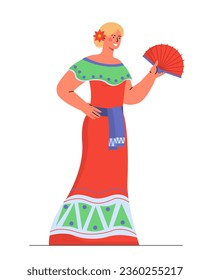 Woman in mexican clothes concept. Young girl in red dress. Person with hand fan. Fashion and style. Poster or banner for website. Cartoon flat vector illustration isolated on white background