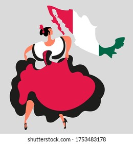 woman in mexican costume dancing on mexico map background