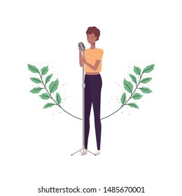 woman with microphone and branches and leaves in the background