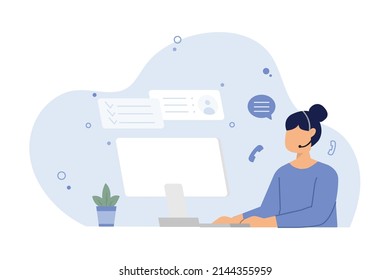 Woman With Microphone With Laptop Or Computer, Concept Illustration For Support, Assistance, Call Center, Customer Service, Hotline Operator Consulting. Vector Illustration In Flat Style