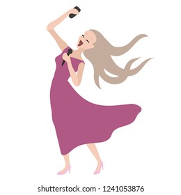 The woman with the microphone in a long dress. Sings songs or conducting representations. Broadcasts online in the Internet. Vector illustration