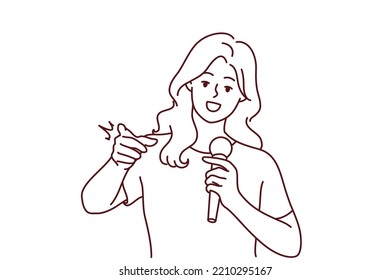 Woman with microphone make speech point at screen. Smiling female speaker with mic communicate with audience. Vector illustration. 