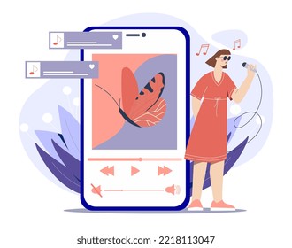 Woman with microphone near smartphone. Young girl sings her favorite songs. Creativity and art. Modern technologies and digital world. Poster or banner for website. Cartoon flat vector illustration