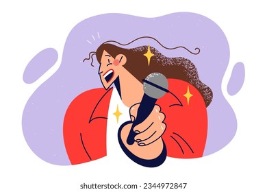 Woman with microphone for performing karaoke songs or recording news report, laughs and holds out device to screen. Girl invites you to visit karaoke club together to relax and relieve stress