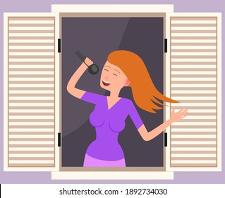 Woman with a microphone performing music on the balcony of her house and looking out the window. Citizen stays at home, daily routine, hobby time relaxing. A girl sings songs vector illustration