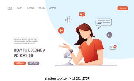 Woman with microphone recording podcast. Streaming, Online show, blogging, podcasting, radio broadcasting concept. Vector illustration for website, poster, banner, advertising.