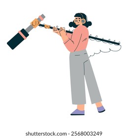 Woman with Microphone at Shooting Film Movie Production Scene Vector Illustration