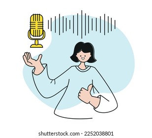 Woman and microphone vector. Podcast concept.