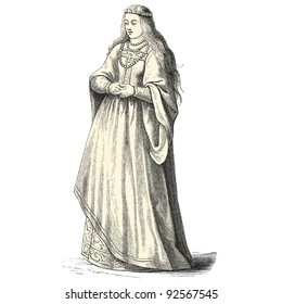 Woman of the middle ages - vintage engraved illustration - "Costumes anciens et modernes " by Cesare Veccello ed.Firmin-Didot  in 1859 - Paris