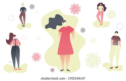Woman in the middle surrounded by people standing away. Social distance concept during Coronavirus time. Stay safe, wear masks and don't make contacts. Flat illustration.
