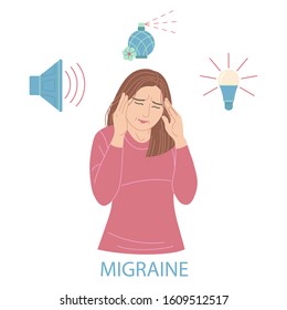 Woman with migraine pressing hands to head. Girl with headache isolated on white. Light bulb, loudspeaker and perfume as sign of sensitivity to light, sound and smell. Simple vector flat illustration