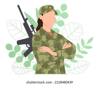 Woman in military clothes on a background of green leaves with a weapon. Young girl in an army soldier's suit. Vector illustration