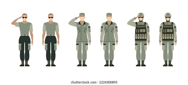 Woman in military uniform. Flat vector illustration of a soldier salute.