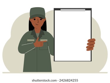 A woman in a military uniform is holding a large clipboard with plenty of space for text. Vector