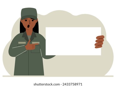 A woman in a military uniform is holding a large white sheet of paper that could be a place for text. Vector