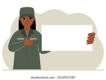 Eine Frau in Militäruniform hält ein großes weißes Blatt Papier, das ein Ort für Text sein könnte. Flache Vektorgrafik