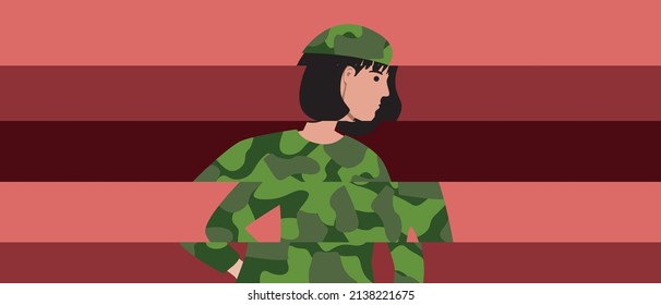 Woman in military uniform with PTSD. Flat vector stock illustration. Depression, fear and sadness. Stress Mental Disorder