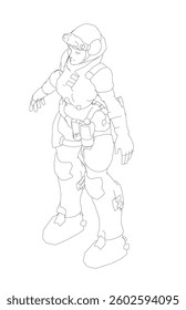 A woman in a military uniform stands in front of a white background. She is wearing a helmet and a backpack