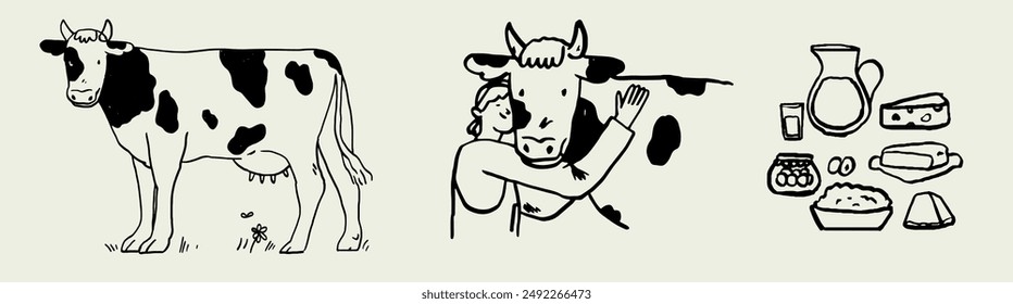 Mujer con colección de vaca lechera. Ganado animal doméstico con trabajador agrícola en rancho. Lechero de granjeros y juego de ganado. Asistencia de la Ilustración vectorial de los agricultores locales en carbón, tinta o crayón dibujado a mano estilo