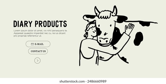 Woman with milk cow hugging. Livestock domestic animal with farm worker on ranch. Farmer milker and her cattle. Suppost local farmers vector illustration in charcoal, ink or crayon hand drawn style.