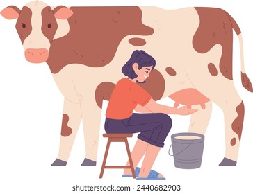 Woman milk cow. Natural fresh dairy product isolated on white background