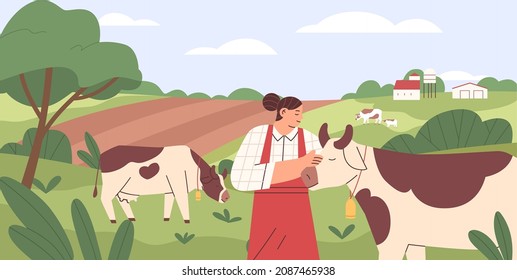 Woman with milk cows in pasture. Domestic animals grazing and eating grass on field. Farm worker and livestock in grassland. Rural summer landscape with farmer and cattle. Flat vector illustration