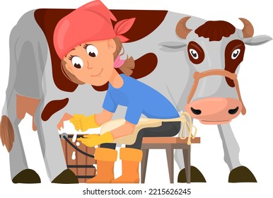 Woman milking cow. Cartoon farm worker character
