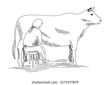 Woman milking a cow graphic black white isolated sketch illustration vector