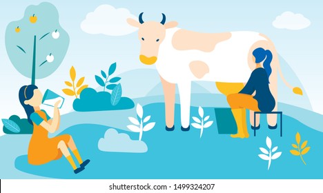 Woman Milks Cow and Girl Drinks Fresh Milk. Vector Illustration. People on Farm. Farm Product. Farm Business. Little Girl in Yellow Dress. Sitting with Glass Milk in Hand on Farm. Bucket with Milk.