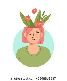 Mujer con concepto de atención. Positividad y optimismo. Psicología y salud mental. Jovencita con flores rosas en la cabeza. Dibujo vectorial plano de dibujos animados aislado en fondo blanco