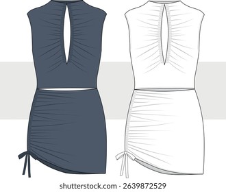 Woman mini party dress with gathered front sleeveless fashion technical drawing, illustration. Mini dress template, Cad, Mockup set. 