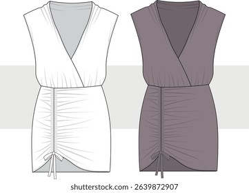 Woman mini party dress with gathered front sleeveless fashion technical drawing, illustration. V-neck mini dress template, Cad, Mockup set. 