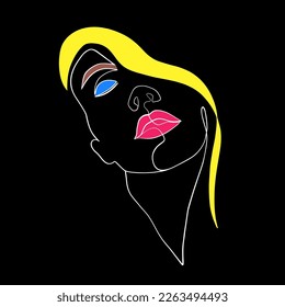 Woman in minimal art style on white background.