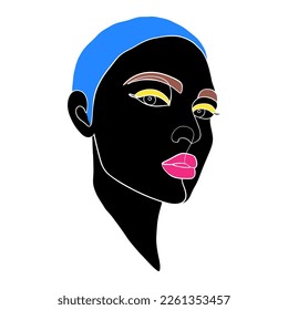 Woman in minimal line art style on white background.