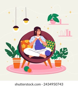 Woman with minimalist room design. Young girl sitting at chair with sewing items. Hobby and leisure indoor. Seamstress at home. Cartoon flat vector illustraton isolated on beige background