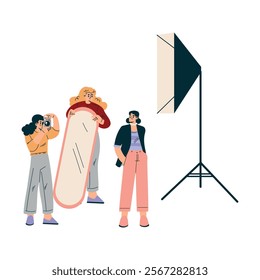 Woman with Mirror and Camera at Shooting Film Movie Production Scene Vector Illustration