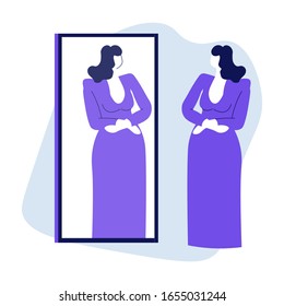 Woman and mirror. Female looking at her full length reflection, dressed in long purple dress with long sleeves. Brunette posing, checking outfit, shopping or narcissism concept. Vector illustration.