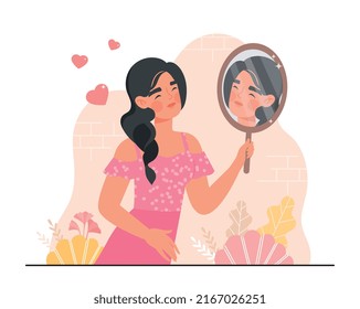 Woman in mirror. Girl looks at her reflection, evaluates her appearance. High self esteem, selflove and acceptance, ego. Positive psychology, optimism and happiness. Cartoon flat vector illustration
