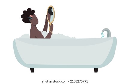 Woman with mirror relaxing in bathtub semi flat color vector character. Full body person on white. Improving mental health simple cartoon style illustration for web graphic design and animation