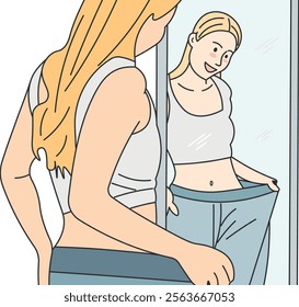 Woman in Mirror Showing Off Diet Results with Defined Abs